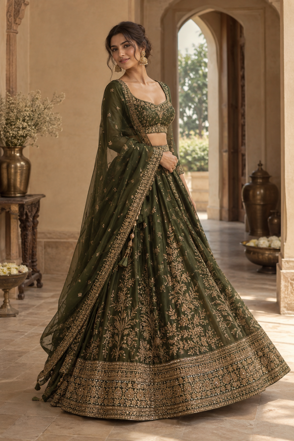Olive green embroidered celebration lehenga