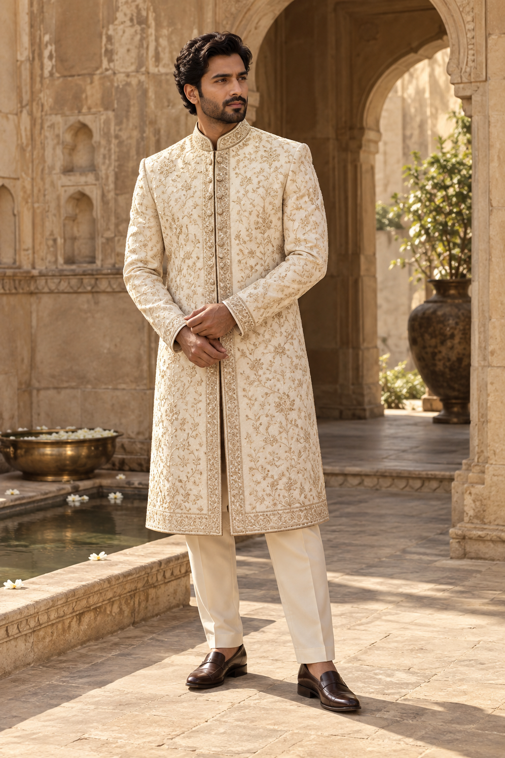 Ivory sherwani in a sunlit courtyard
