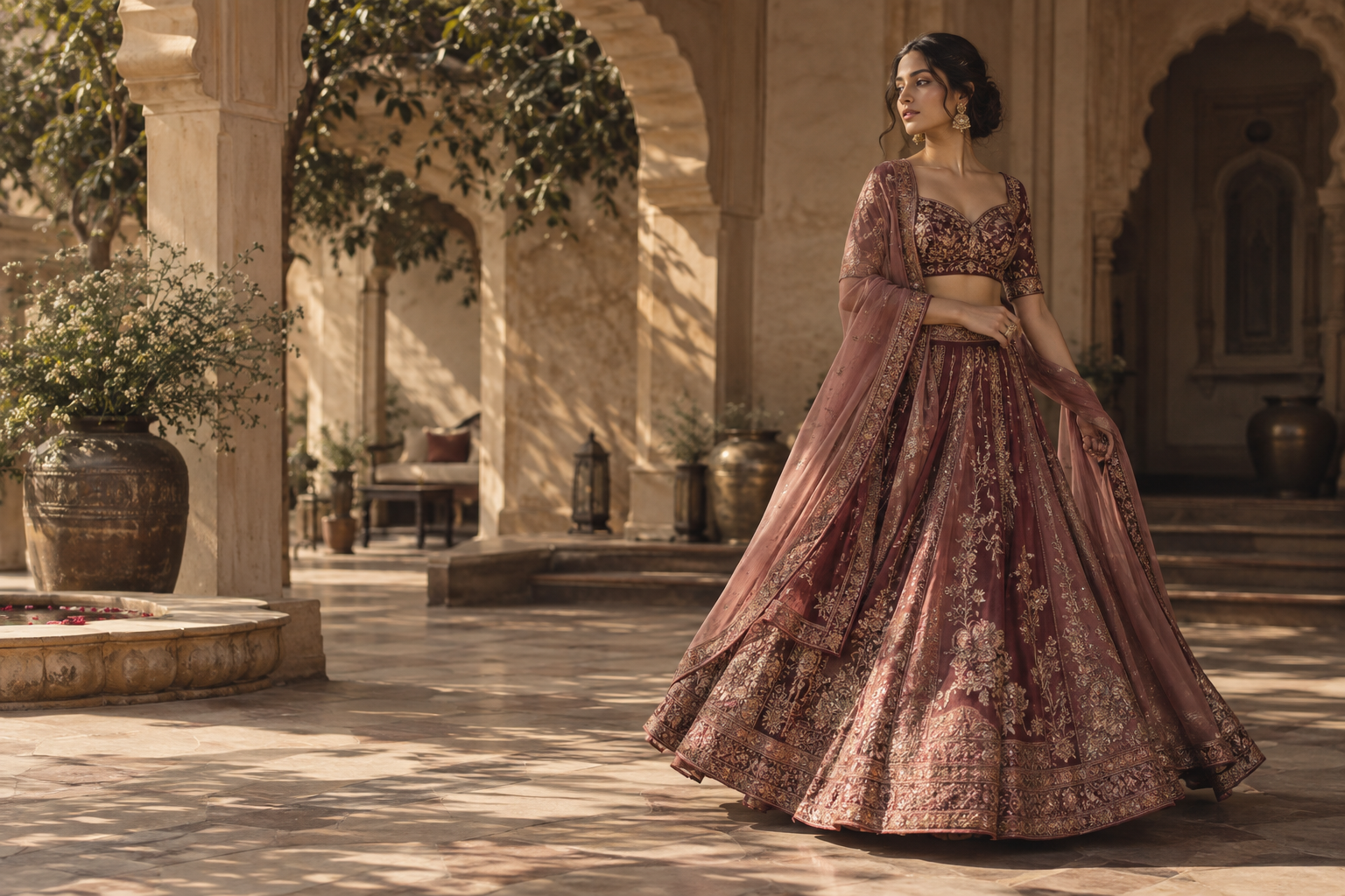 Editorial portrait in a burgundy embroidered lehenga beneath sunlit arches