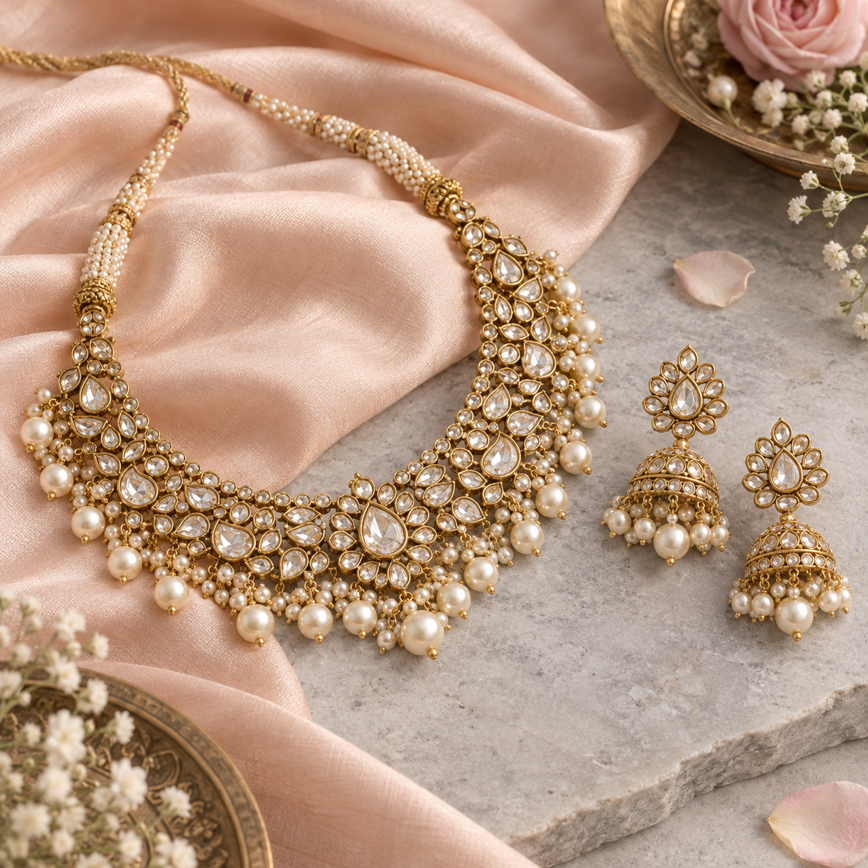 Gold and pearl jewellery on blush silk