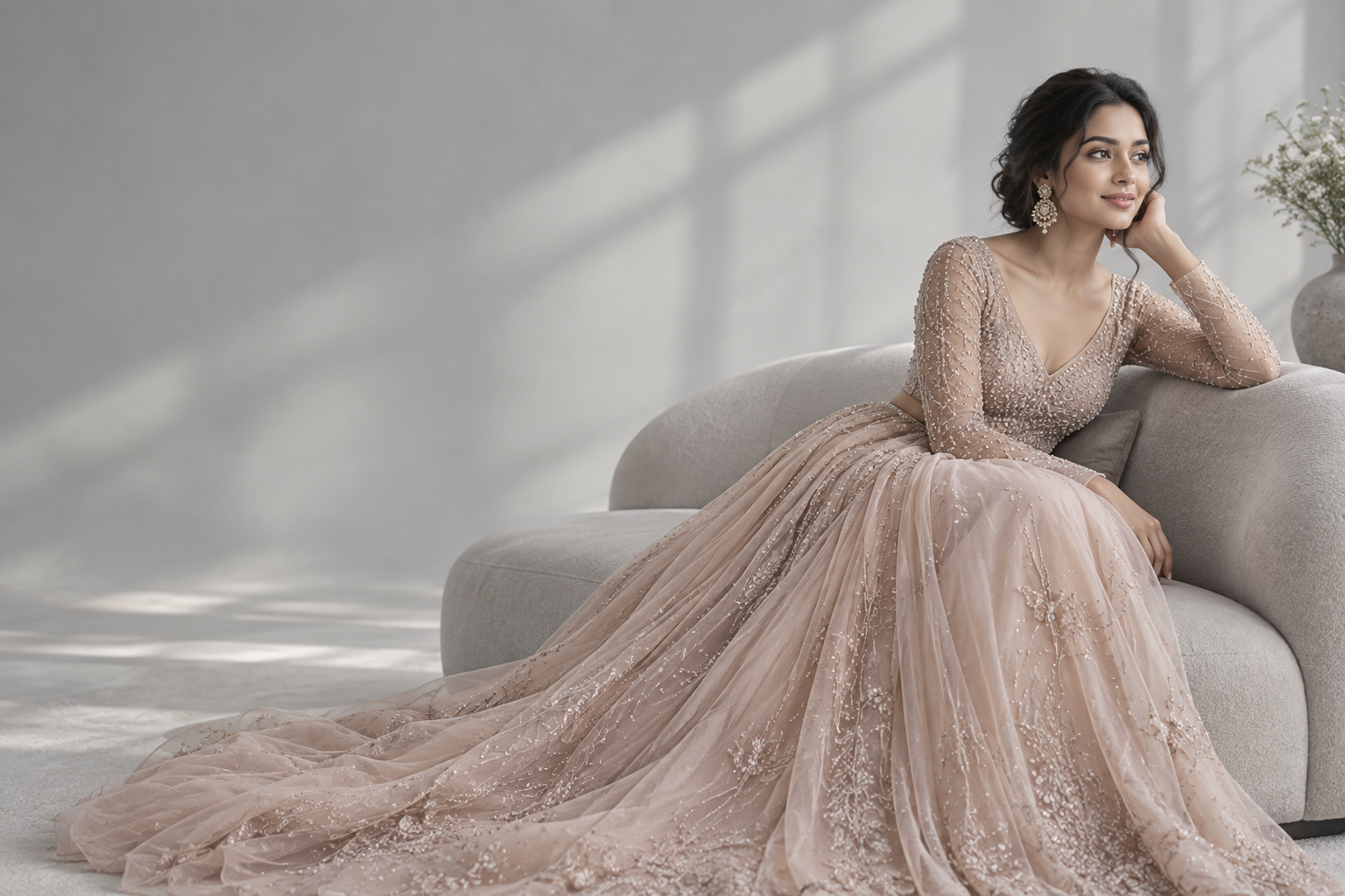 Blush embellished gown in a light-filled studio